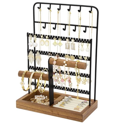 Jewelry Holder Organizer Stand 4-Tier Necklace Sta... (Tray&Black | Metal, Wood)