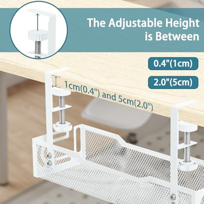 Under Desk Cable Management Tray, No Drill Mesh Cable Tray Cord Organizer | Wire Management Tray Cable Management Rack, Cable Management Box (White)