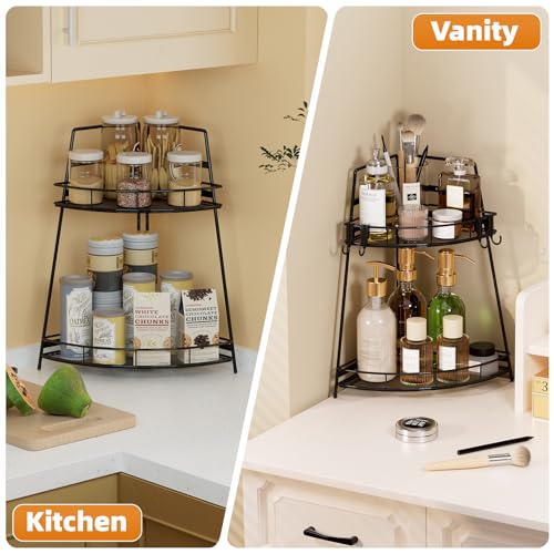VITVITI 2 Tier Corner Bathroom Counter Organizer, Metal Bathroom Countertop Organizer Shelf Storage, Bath Room Sink Makeup Organizers for Vanity Perfume Skincare with Hooks, Black