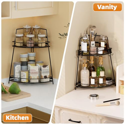 VITVITI 2 Tier Corner Bathroom Counter Organizer, Metal Bathroom Countertop Organizer Shelf Storage, Bath Room Sink Makeup Organizers for Vanity Perfume Skincare with Hooks, Black