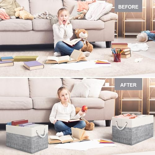 Storage Bins 3-Pack, Foldable Storage Baskets for Organizing Toys, Books, Shelves, Closet, Large Storage Box with Rope Handles, Sturdy Organizer Bins, White & Grey