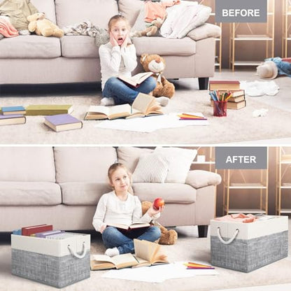 Storage Bins 3-Pack, Foldable Storage Baskets for Organizing Toys, Books, Shelves, Closet, Large Storage Box with Rope Handles, Sturdy Organizer Bins, White & Grey