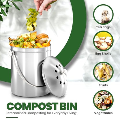 Utopia Kitchen Countertop Compost Bin 1.3 Gallon, Stainless Steel, Silver | Odorless countertop compost bin with charcoal filter, ideal for food scraps and waste