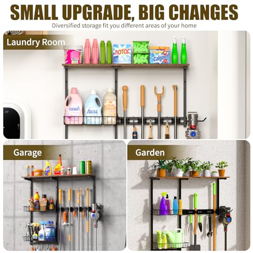 Broom Holder Wall Mount，Mop Rack With Storage Basket,Diversity Laundry Room Cleaning Tool Storage container，Suitable Family Garage Kitchen Organization Wall-Mounted Rack (Black, Medium)