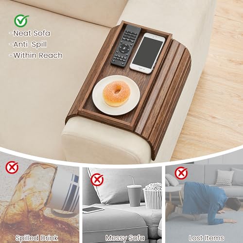 Bamboo Sofa Arm Tray, Foldable Couch Arm Tray Side Table, Anti-Falling Armrest Tables Cup Holder for Snacks, Drinks, Beers, Phone, Control, Flexible and Portable, Anti-Slip Bottom