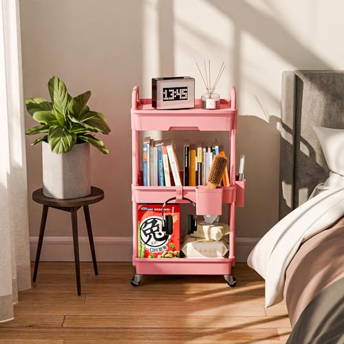 Sorgion 3 Tier Rolling Cart Organizer,Laundry Room Bathroom Organizers and Storage Office Shelves Mobile Shelving Unit Kitchen Trolley Cart with Wheels for Art,Craft,Diaper,Bedside,Snack(Pink)