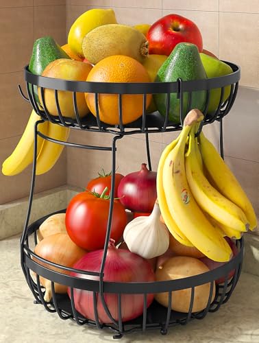 2 Tier Large Fruit Bowl for Kitchen Counter with 2 Banana Hangers | Sturdy Metal Basket for Fruit, Bread & Onions, Modern Wire Fits Various Styles, Includes Food-Safe Mats to Keep Produce Fresh