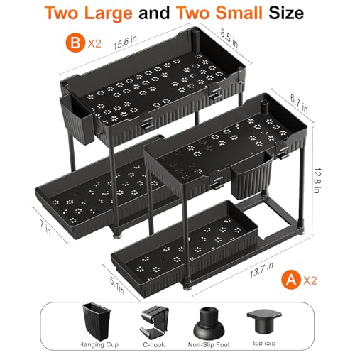 4-Pack 2-Tier Under Sink Organizer with Pull Out Drawers | Multi-use kitchen & bathroom storage. Includes hanging hooks and cups. Black, space-saving cabinet design.