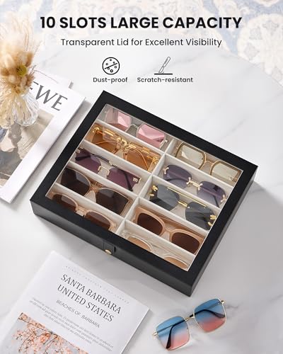 Lolalet 10/20 Slots Sunglasses Organizer with Slim Clear Lid | Eyeglasses Eyewear Display Case for Multiple Pairs of Glasses Collection Holder Box for Men Women