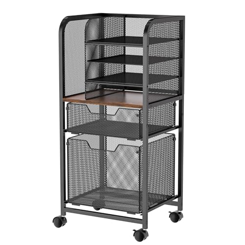 6-Tier Rolling File Cart Multi Mobile Drawer Cabinet Black | File cabinet organizer with wheels, letter size filing storage cart, home office hanging folder storage for teacher