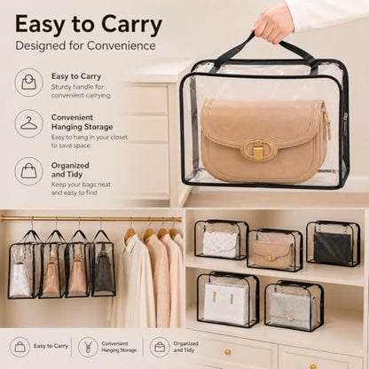 5 Pack Clear Dust Bags for Handbags,5 Sizes Purse Storage Organizer | Purse Protector Storage Bag with Zipper and Handle for closet, Hanging Dust Cover Bag for Handbag