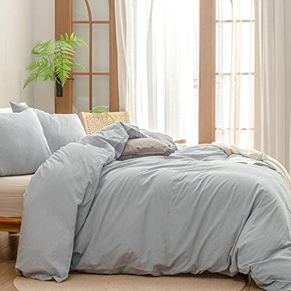 BESTOUCH Cotton Solid Duvet Cover Set Linen Feel Cornflower Blue Queen | Washed Cotton, Linen Feel, Soft Wrinkle Texture, Hidden Zipper, 8 Ties, Breathable Lightweight Durable Comfy, 3Pcs No Insert