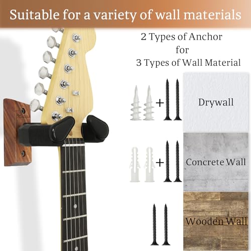 Onmiwod Guitar Wall Mount, Auto Lock Black Walnut Wood Guitar Hanger, Guitar Wall Hangers, Guitar Holder Hook Wall Stand for Classical, Acoustic, Electric Guitar, Bass, Gift for Guitar Player
