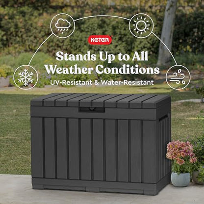 Keter Kentwood 50 Gal Outdoor Storage Box and Patio Side Table | Grey, Resin, Compact, Weatherproof, Lockable, Durable, Easy Assembly, Organization, Patio Cushions Storage