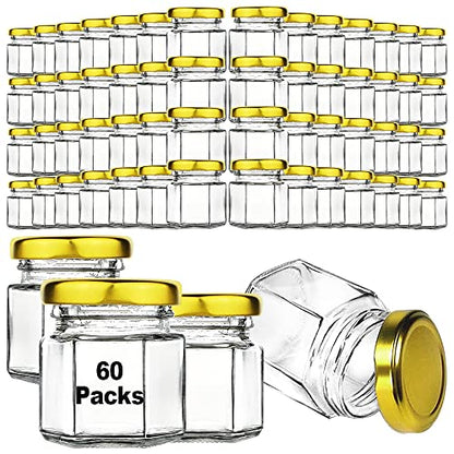 60 Pcs 1.5 Oz Mini Honey Jars with Airtight Lids,Hexagon Glass