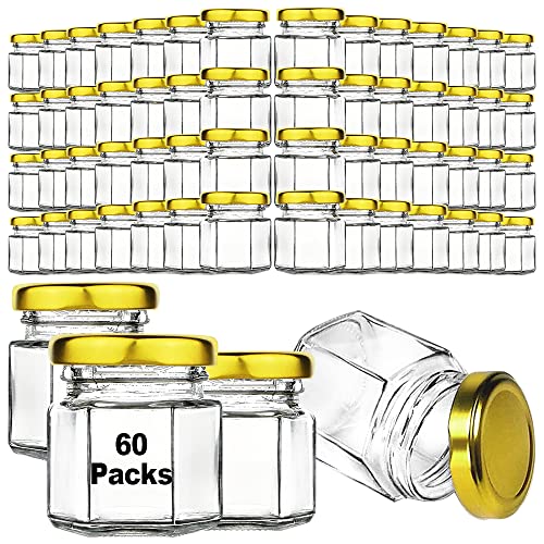60 Pcs 1.5 Oz Mini Honey Jars with Airtight Lids,Hexagon Glass