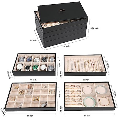Voova Stackable Jewelry Organizer Tray with Lid, PU Leather Jewelry Storage Holder for Drawer Inserts, Jewellery Display Box Case for Earring Necklace Ring Watch Bracelet (Set of 4, Black)