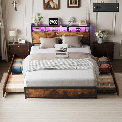 VINGLI Queen Bed Frame with 4 Storage Drawers and Headboard, Metal Platform Panel Bed with Charging Station and RGB LED Lights, No Box Spring Needed, Noise Free, Easy Assembly,Rustic Brown