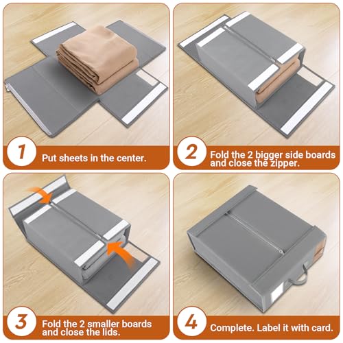 StorageTastic Bed Sheet Closet Organizers and Storage Under Bed Storage | Foldable Storage Containers with Window and Label,Storage and Organization for Bedding Sheets,Duvet Covers,Blankets,4 Pack