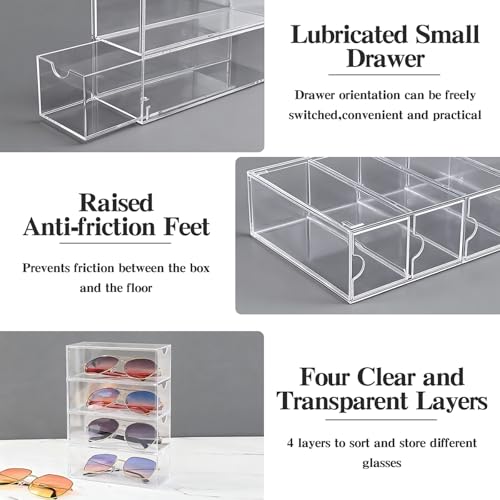 Acrylic Sunglasses Organizer with 4 Drawers | Clear Eyeglass Holder, Eyewear Display Case, Stackable Sunglass Storage Case For Women and Men Glasses Jewelry Watch Storage