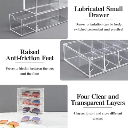Acrylic Sunglasses Organizer with 4 Drawers | Clear Eyeglass Holder, Eyewear Display Case, Stackable Sunglass Storage Case For Women and Men Glasses Jewelry Watch Storage