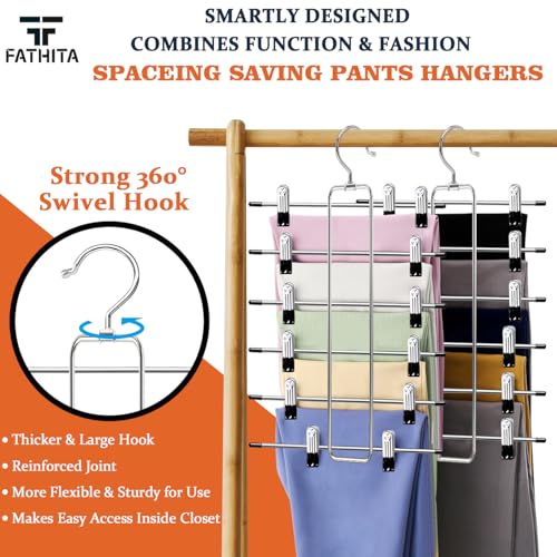 6-Tier Space Saving Pants Hangers with Clips, Multi-Functional Skirt & Jean Organizer for Small Closets, Dorm Room Essentials, 2 Pack Metal Clothes Storage