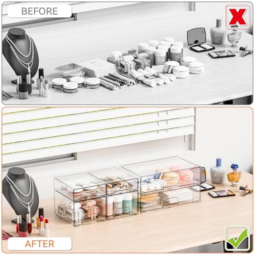 Clear Stackable Storage Drawers - Set of 6 - Acrylic Drawers,Bathroom Organizer Bin and Plastic Makeup Organizer,Clear Stacking Brightroom Storage Boxes for Vanity,Cabinet,Pantry Organization
