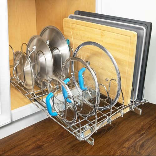 LYNK PROFESSIONAL® Pull Out Pot and Pan Lid Organizer Inside Cabinet - Lifetime Ltd. Warranty – Cookie Sheet Organizer for Cabinet – Slide Out Baking Sheet Organizer - 14W x 21D, Extra-Large, Chrome