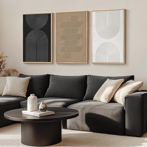 Large Framed Boho Modern Neutral Abstract Wall Art for Living Room, 3 Piece Black and White Canvas Prints Paintings Artwork for Walls, Geometric Pictures for Office Bedroom Dining Room Decor, 24x36 In