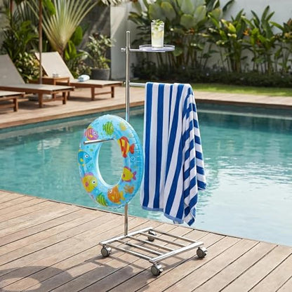 LOFIR Silver Stainless Steel Freestanding Pool Towel Rack | 2-bar stainless towel rack with tray & base storage for pool, hot tub, patio and bathroom towel drying use