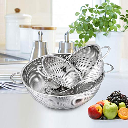 P&P CHEF Colander Set of 3, 1/3/5 Qt, Stainless Steel Colanders Strainers | Metal Micro-Perforated Colanders and Strainers for Draining Rinsing Washing, Ideal for Pasta Fruits, Dishwasher Safe