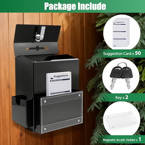 Metal Suggestion Box with Slot, Lockable Donation Box with Keys & 50 Cards | Wall/Tabletop Mounted Black Ballot Boxes, Magnetic Acrylic Sign Holder, 2 Storage Compartments, for Office School Church Shop