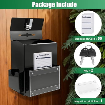 Metal Suggestion Box with Slot, Lockable Donation Box with Keys & 50 Cards | Wall/Tabletop Mounted Black Ballot Boxes, Magnetic Acrylic Sign Holder, 2 Storage Compartments, for Office School Church Shop