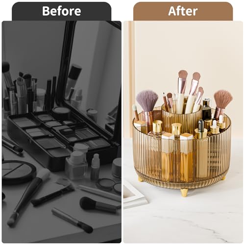 fanado 360° Rotate Makeup Brush Holder Organizer, Makeup Organizers Countertop, Makeup organization and Skincare Storage for Vanity, Desktop, Bathroom (Clear Amber)