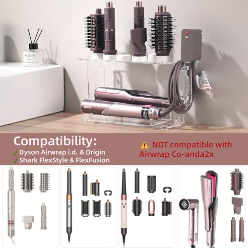 Dyson Airwrap Holder, Dyson Airwrap Wall Mount Clear Acrylic Organizer, Shark Hair Dryer Holder Stand with 8 Slots Cord Hook, Heat-Resistant Storage for Bathroom/Vanity UEMUSI