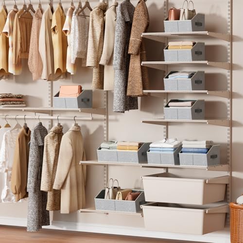 Closet Organizers Bins 6 Packs - Large Closet Shelf Organizer with Handles, Fabric Trapezoid Storage Bins, Collapsible Storage Cubes for Clothes, Towels, Light Gray