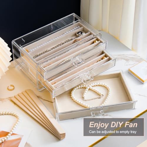 YUFONG Necklace Holder Organizer, Dustproof Necklace Box Velvet Necklace Organizer Box with Lid Clear Acrylic Dustproof Stackable Jewelry Displays for Necklaces Chain Display (Beige, 5 Drawer)