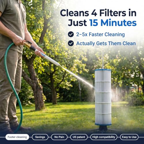 CYCLONE FILTER CLEANER – Patented Hose-Powered Spinning Pool Cartridge Filter Cleaning Tool with Stand & Spray Wand – Cleans 5X Faster – Fits 3”, 4”, 6” ID Filters