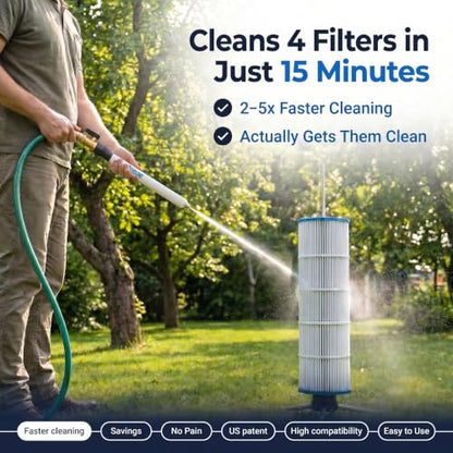 CYCLONE FILTER CLEANER – Patented Hose-Powered Spinning Pool Cartridge Filter Cleaning Tool with Stand & Spray Wand – Cleans 5X Faster – Fits 3”, 4”, 6” ID Filters