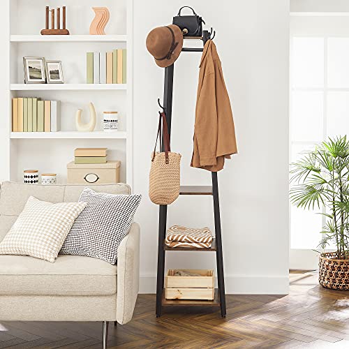 VASAGLE Coat Rack, Coat Stand with 3 Shelves, Hall Tree Free Standing with Hooks for Scarves, Bags, Umbrellas, Steel Frame, Industrial Style, for Entryway, Living Room, Rustic Brown and Black ULCR80X