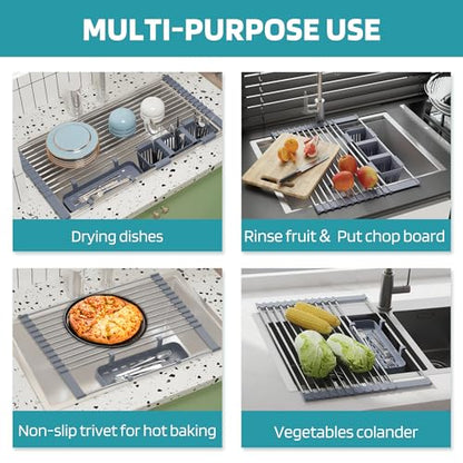 BBXTYLY Expandable Roll Up Dish Drying Rack Up to 22.8''with 2 Storage Baskets,Over The Sink Kitchen Rolling up Dish Drainer Drying Rack, Foldable,Rollable,for Kitchen Dishes(Expandable Width Size)