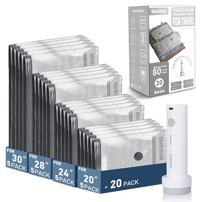 20 Pack Cordless Travel Vacuum Bags Set, Thickened, 3-Zipper Seal Upgrade | Vacuum Storage Bags with Rechargeable Pump, Vacuum Seal Bags for Luggage & Clothing, Compression Packing, 4 Sizes