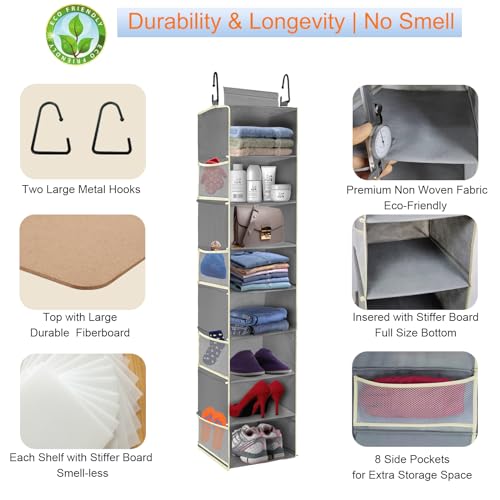 Large-Sized Hanging Shoe Organizer 8-Shelf, Hanging Closet Organizer with 8 Side Pockets, Wider Hanging Shelves for Storage Shoes Clothes 9" W × 11.8" D× 48" H, Grey