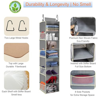 Large-Sized Hanging Shoe Organizer 8-Shelf, Hanging Closet Organizer with 8 Side Pockets, Wider Hanging Shelves for Storage Shoes Clothes 9" W × 11.8" D× 48" H, Grey