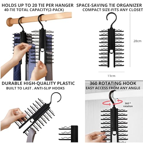 Tie Hanger for Men – 2 Pack Space-Saving Tie Organizer for Closet – Durable Plastic Scarf & Belt Hanger – 20-Tie Capacity Rack, Black – Closet Organizer for Ties, Scarves & Accessories