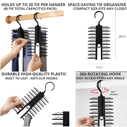 Tie Hanger for Men – 2 Pack Space-Saving Tie Organizer for Closet – Durable Plastic Scarf & Belt Hanger – 20-Tie Capacity Rack, Black – Closet Organizer for Ties, Scarves & Accessories