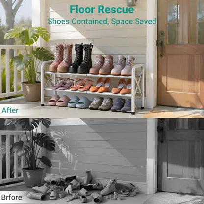 YEASHEIN 2-Tier Expandable Shoe Rack for Closet Floor, X-Frame - White | Metal Small Shoe Rack for Entryway, Adjustable Shoe Shelf Organizer, Free Standing Shoe Racks for Front Door Entrance, Garage
