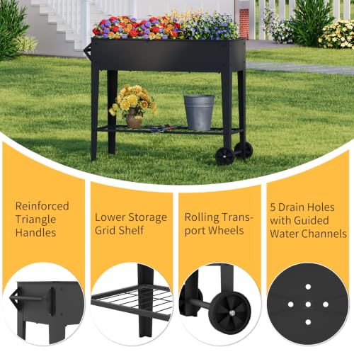 Mobile Raised Garden Bed with Legs and Wheels Metal Elevated Planter Box | 31.9" Tall with Handles Lower Storage Shelf & 5 Drain Holes for Vegetables Herbs Flowers,Garden Patio Balcony Backyard Garage