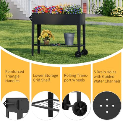 Mobile Raised Garden Bed with Legs and Wheels Metal Elevated Planter Box | 31.9" Tall with Handles Lower Storage Shelf & 5 Drain Holes for Vegetables Herbs Flowers,Garden Patio Balcony Backyard Garage