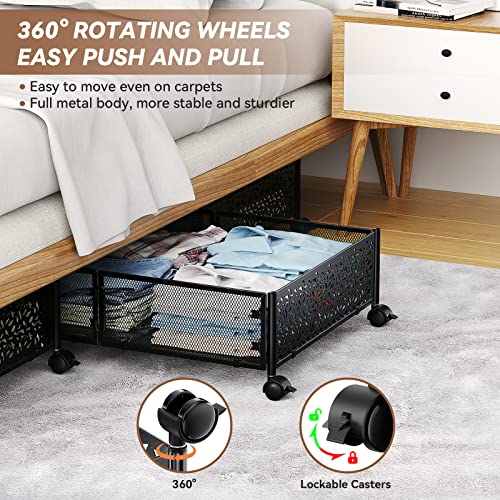 Under Bed Stroage Container with wheels,Patterned,Metal,2 Pack,Black | Tool-free assembly, glide smoothly, easy reach, foldable, maxmazie low-profile beds, dorm, keep seasonal clothes, shoes fresh